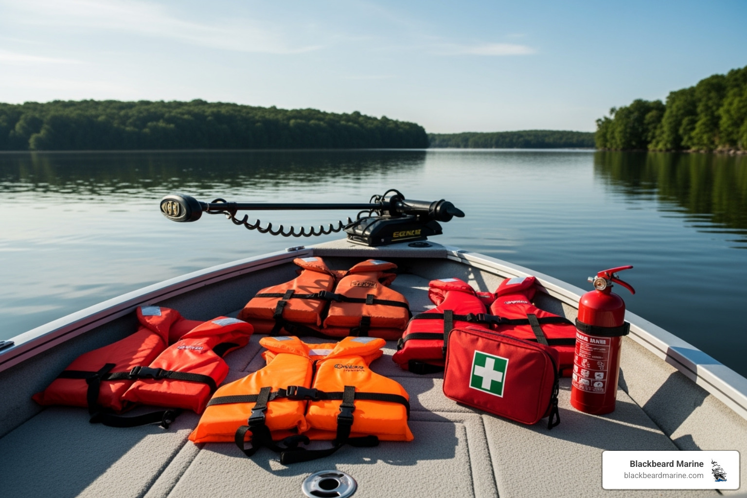 essential safety gear like PFDs, a first-aid kit, and a fire extinguisher laid out on the deck of a G3 boat - Fishing boat accessories
