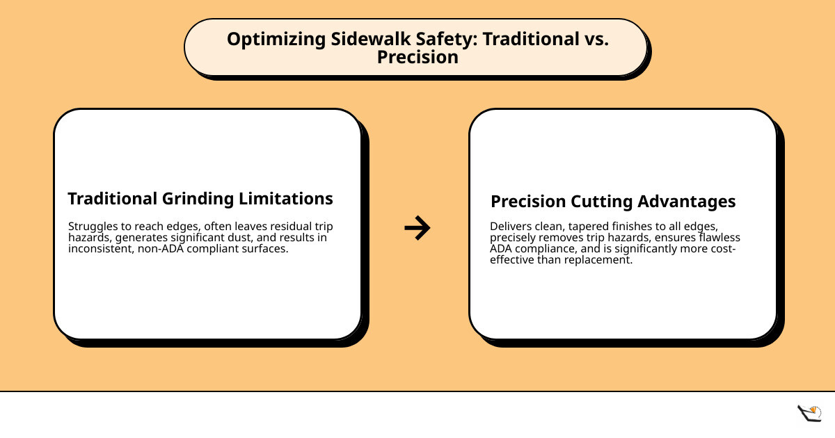 Infographic showing before and after comparison of sidewalk trip hazard repair using precision cutting method, displaying the 1/4 inch ADA compliance standard and the clean, tapered finish achieved - Concrete grinding solutions infographic cause_effect_text