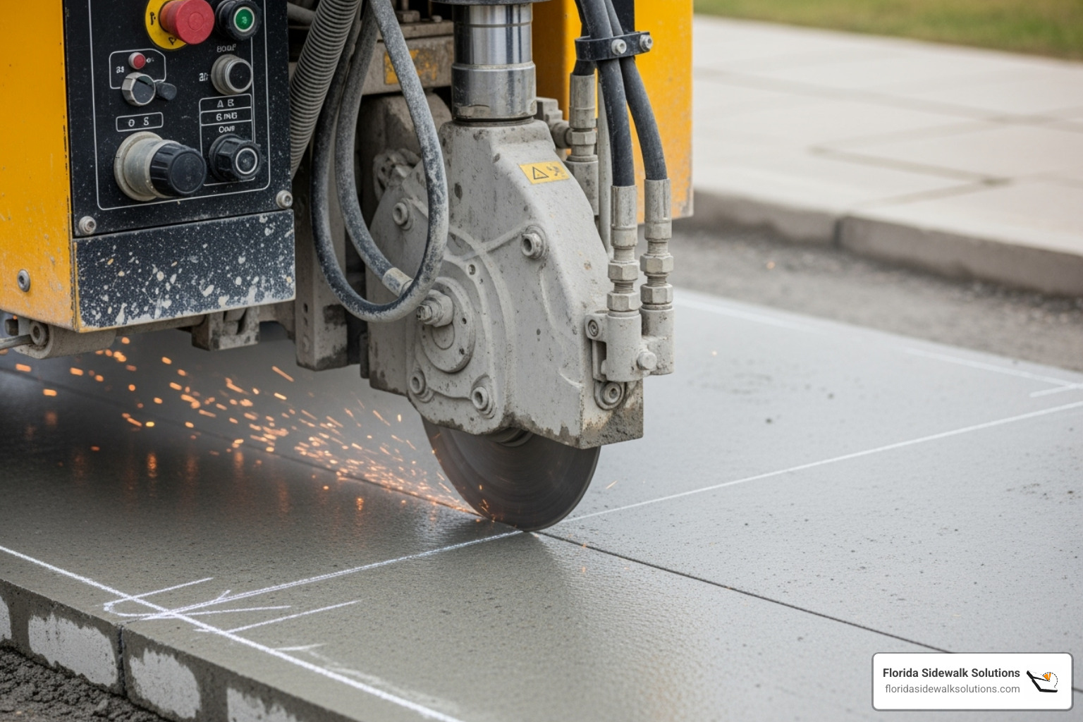Florida Sidewalk Solutions' patented cutting equipment in action on a sidewalk panel - Concrete grinding solutions