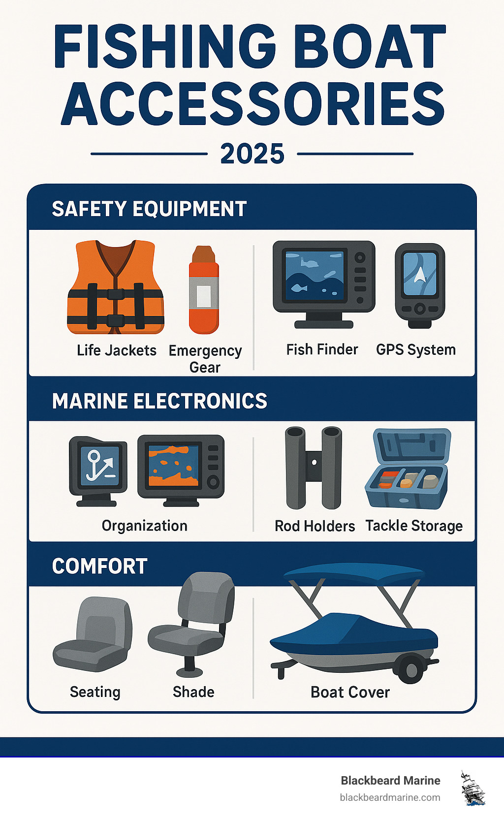 Comprehensive breakdown of fishing boat accessories organized by category: Safety equipment including life jackets and emergency gear, Marine electronics featuring fish finders and GPS systems, Organization solutions with rod holders and tackle storage, Comfort accessories like seating and shade, and Protection items including covers and trailer gear - Fishing boat accessories infographic 