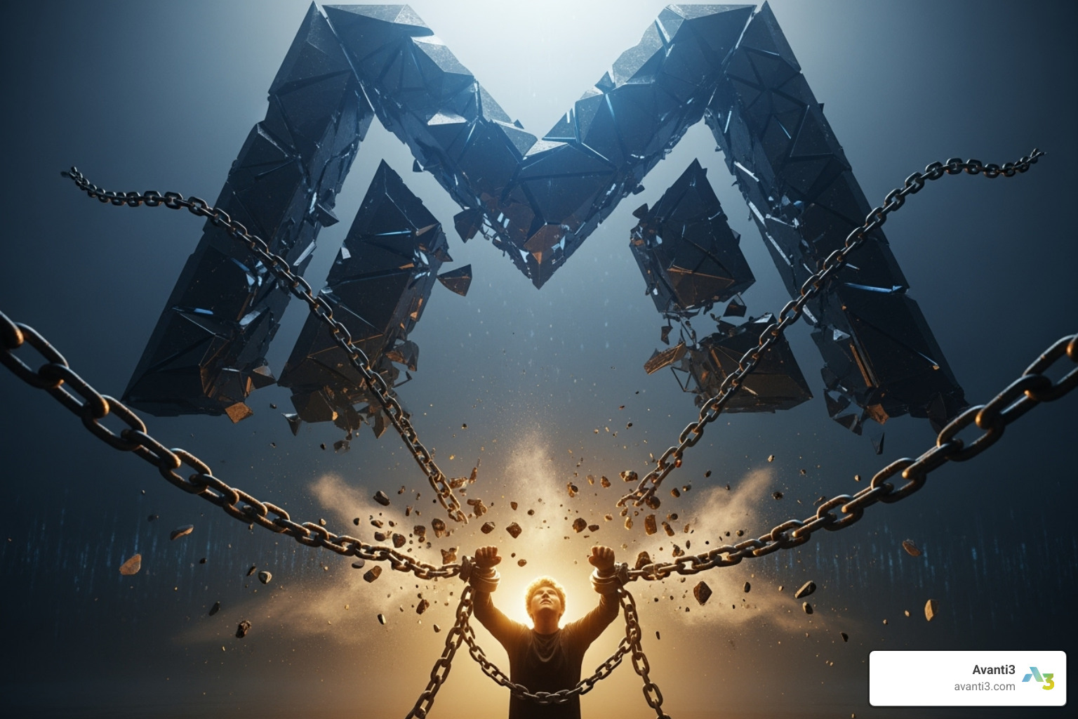 Image illustrating a creator breaking free from the chains of a large, centralized social media platform - web3 creator platforms Image illustrating a creator breaking free from the chains of a large, centralized social media platform - web3 creator platforms