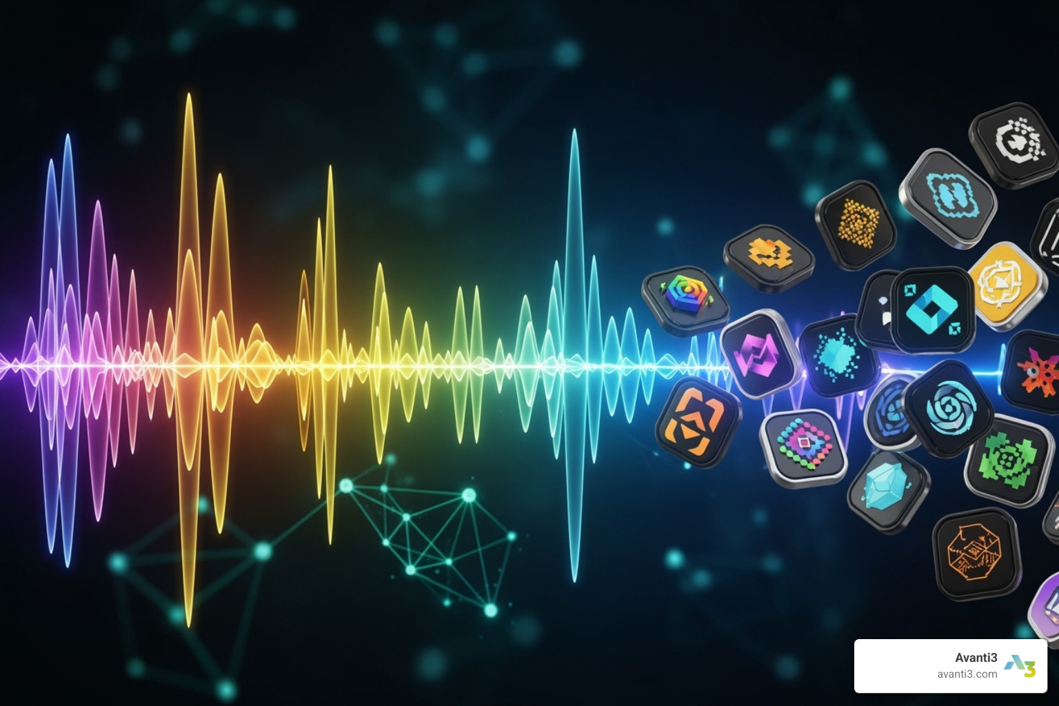 Image of soundwaves changing into collectible NFT audio files - web3 creator platforms Image of soundwaves changing into collectible NFT audio files - web3 creator platforms