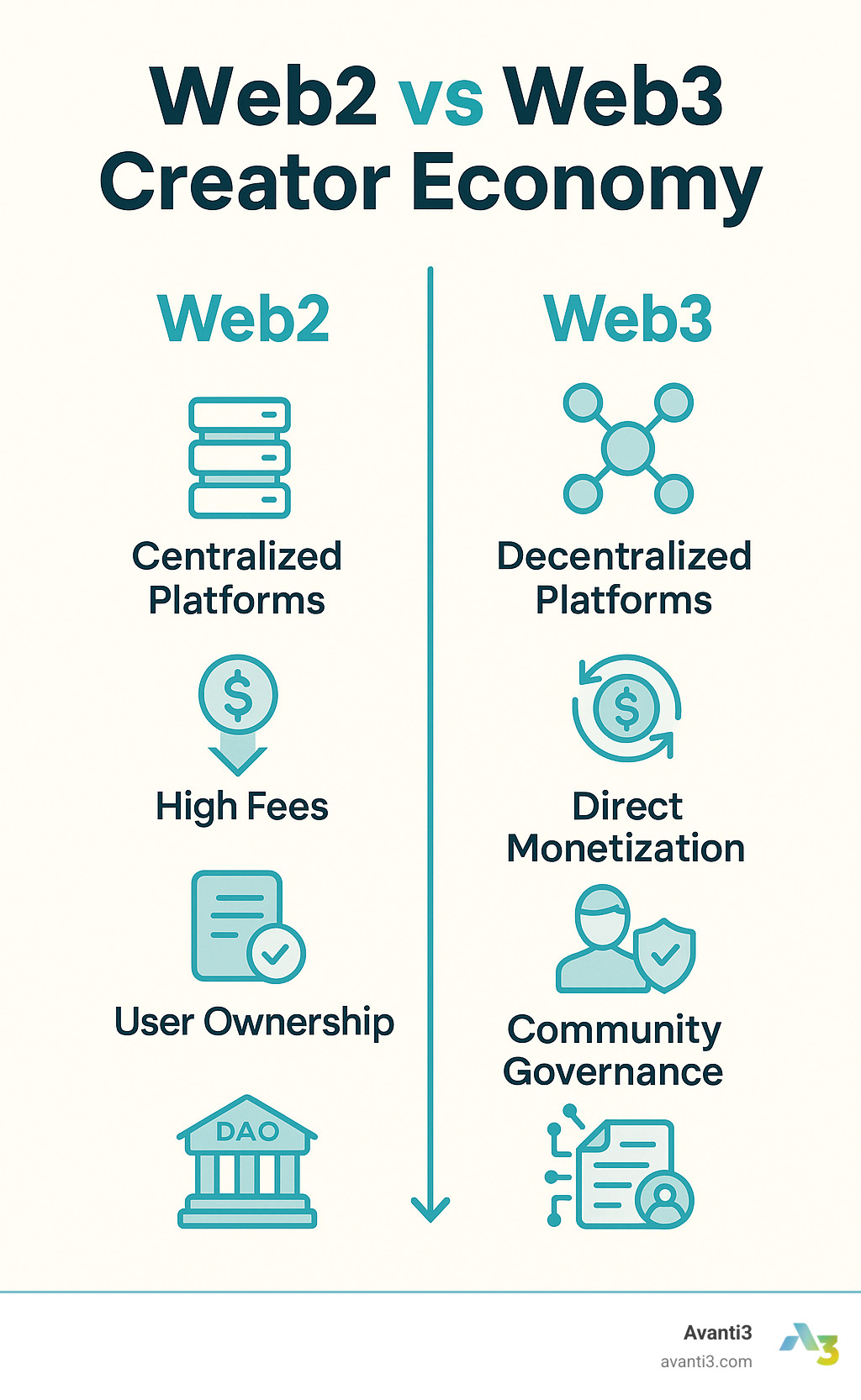 Infographic comparing Web2 vs Web3 creator economy showing centralized platforms with high fees and platform control versus decentralized platforms with direct monetization, user ownership, and community governance through DAOs and smart contracts - web3 creator platforms infographic Infographic comparing Web2 vs Web3 creator economy showing centralized platforms with high fees and platform control versus decentralized platforms with direct monetization, user ownership, and community governance through DAOs and smart contracts - web3 creator platforms infographic