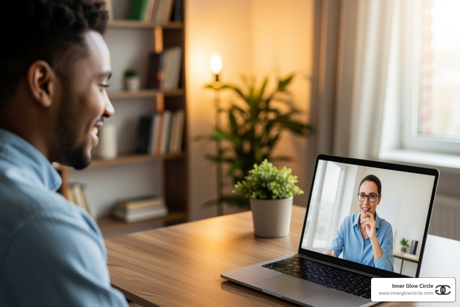 a person smiling during a video call with a coach - online self development coach