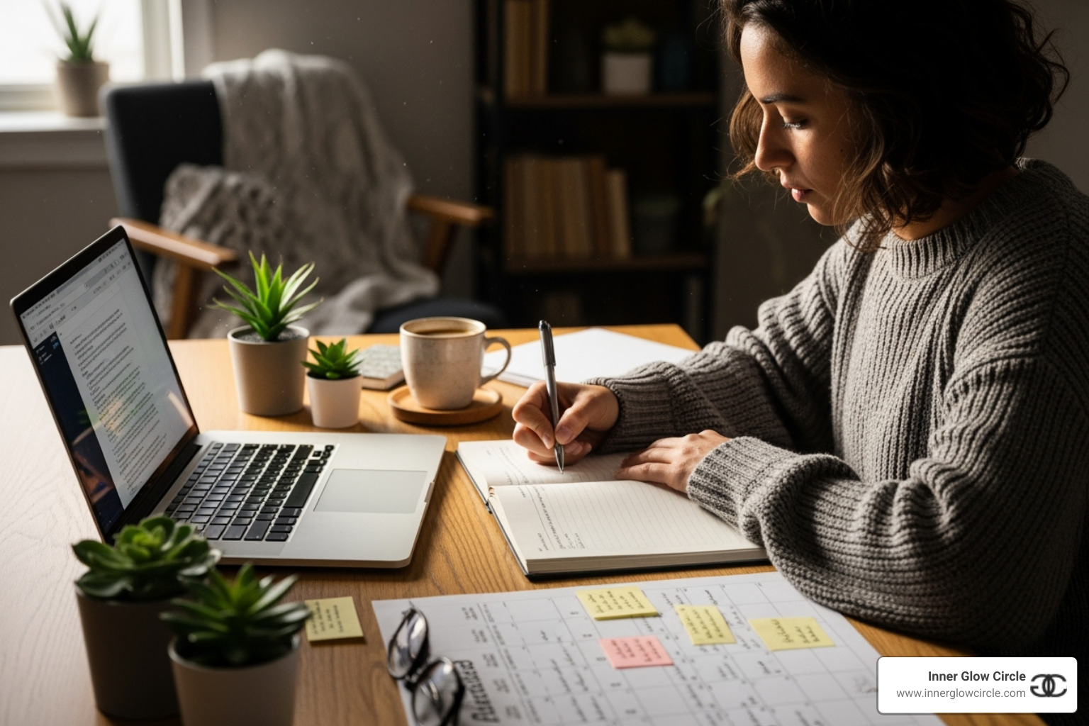 a person journaling or planning with a calendar and laptop nearby - online self development coach