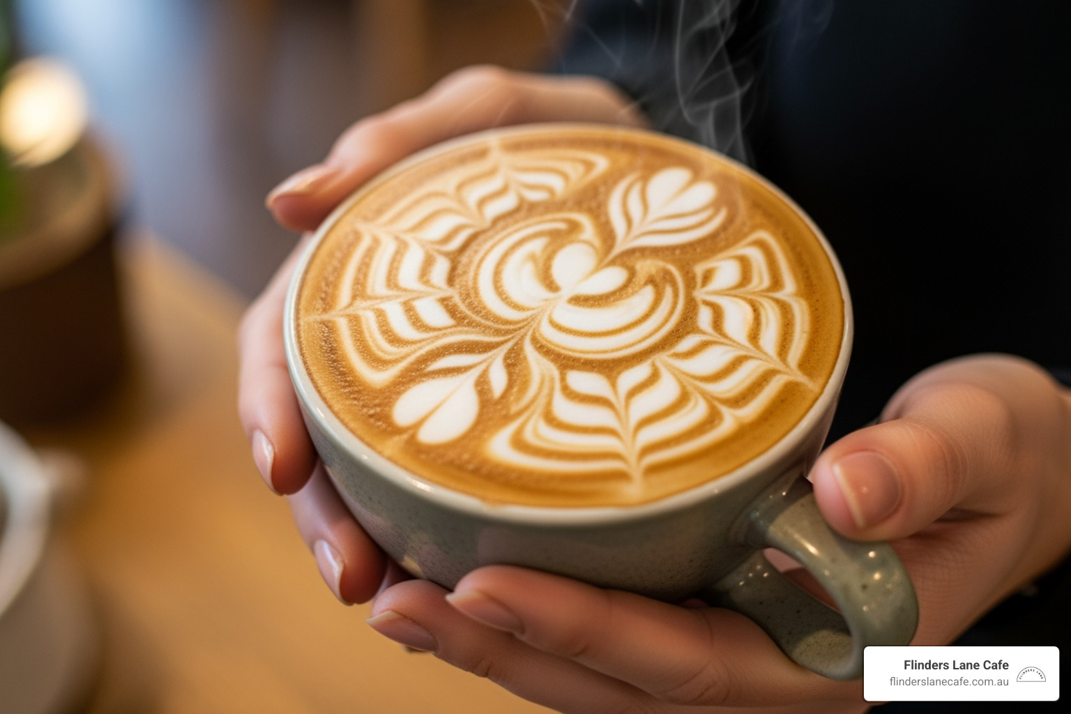 perfectly poured latte with art, held by a customer - top cafes Sunshine Coast