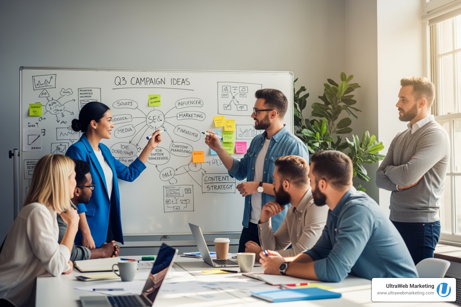 UltraWeb Marketing team collaborating around a whiteboard - SEO agency Delray Beach UltraWeb Marketing team collaborating around a whiteboard - SEO agency Delray Beach