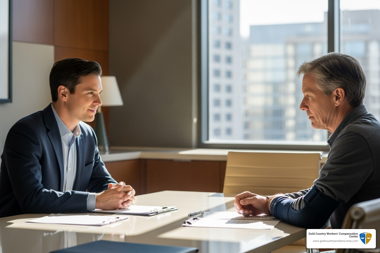attorney compassionately consulting with an injured worker - California workers compensation attorney