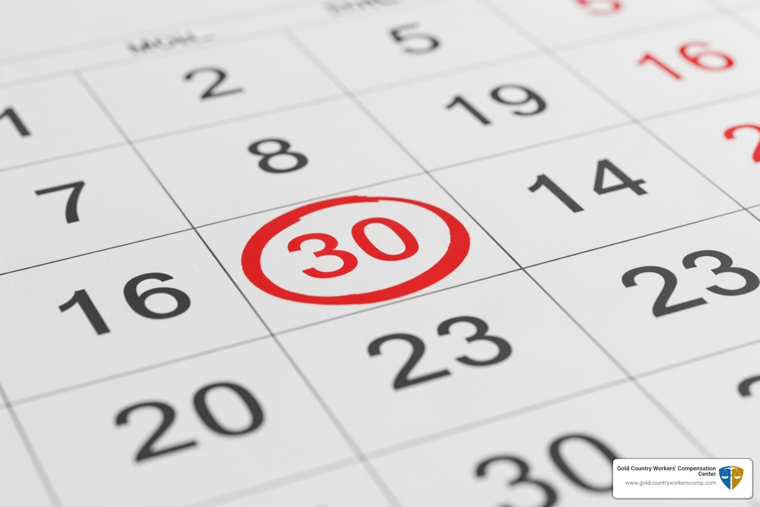 calendar highlighting a 30-day deadline - California workers compensation attorney