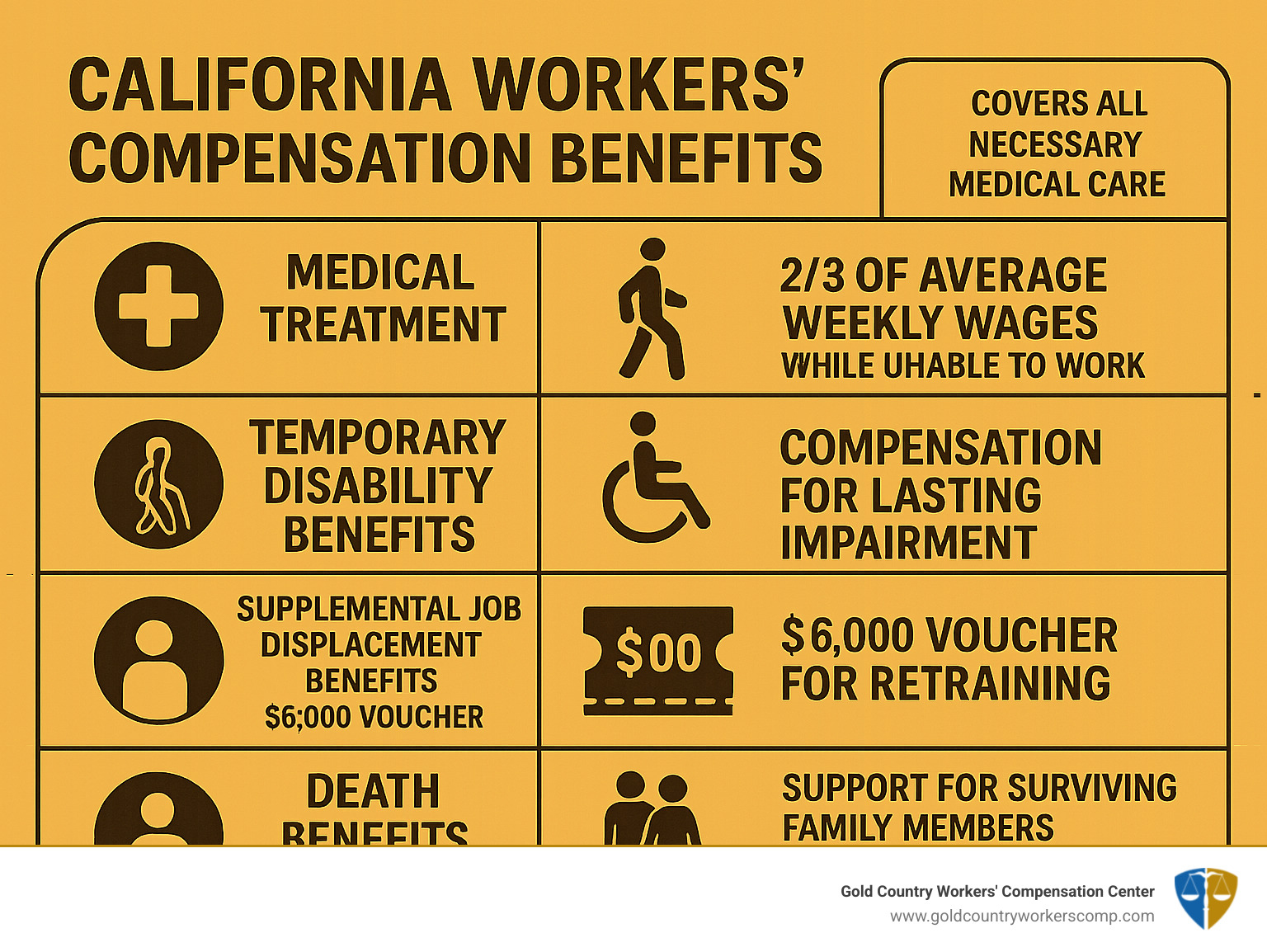 Infographic showing the 5 core California workers' compensation benefits: Medical Treatment (covers all necessary medical care), Temporary Disability Benefits (2/3 of average weekly wages while unable to work), Permanent Disability Benefits (compensation for lasting impairment), Supplemental Job Displacement Benefits ($6,000 voucher for retraining), and Death Benefits (support for surviving family members) - California workers compensation attorney infographic 