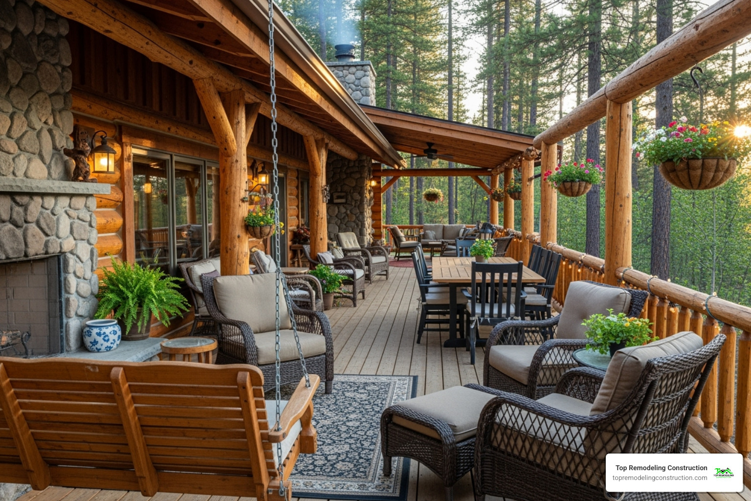 Log cabin with a large, furnished wraparound porch - Log cabin upgrades Log cabin with a large, furnished wraparound porch - Log cabin upgrades