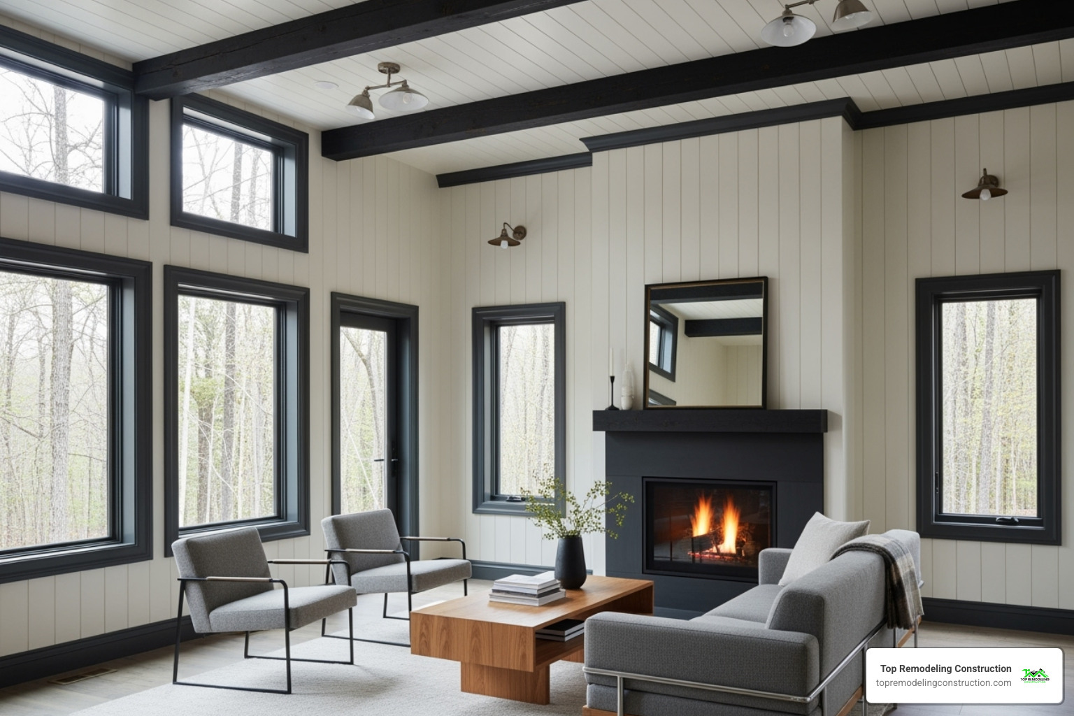 Modern cabin interior with light-painted walls and dark trim - Log cabin upgrades Modern cabin interior with light-painted walls and dark trim - Log cabin upgrades