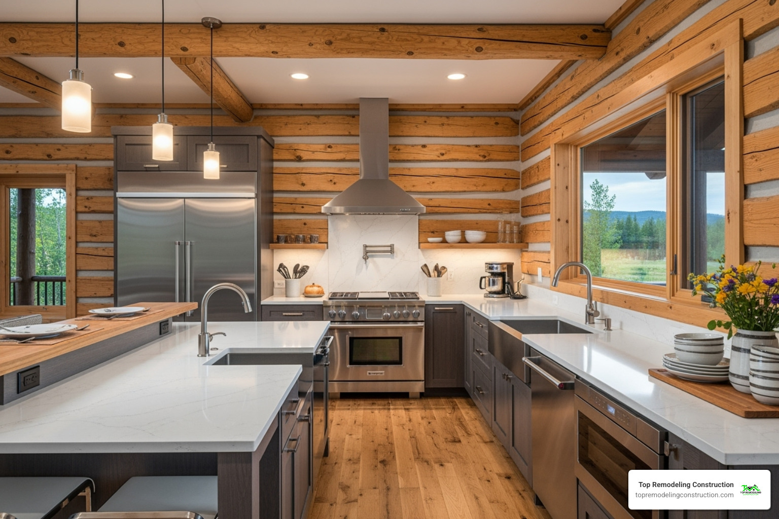 Sleek log cabin kitchen with quartz countertops and stainless steel appliances - Log cabin upgrades Sleek log cabin kitchen with quartz countertops and stainless steel appliances - Log cabin upgrades