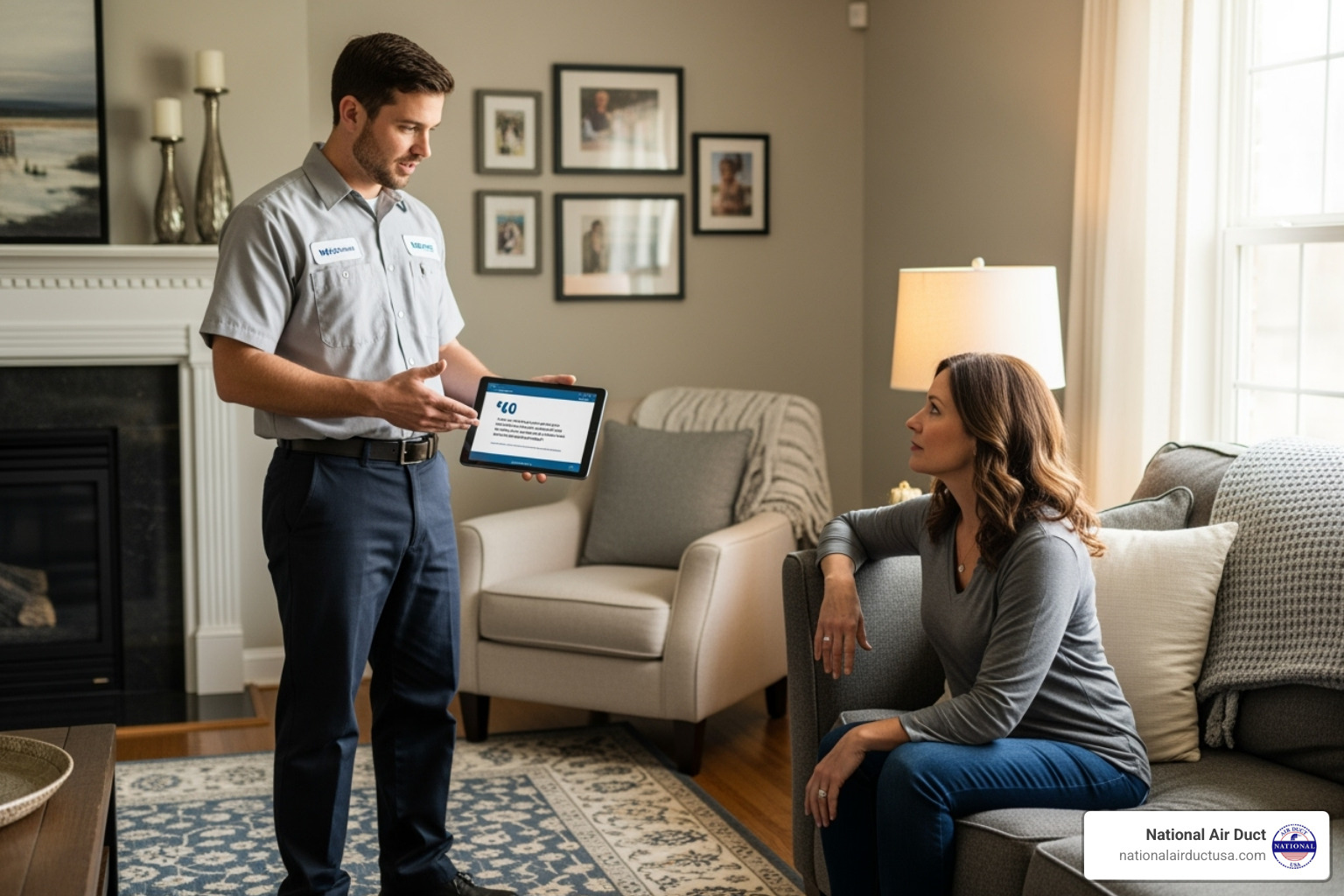 a technician providing a quote to a homeowner - Air duct cleaning cost