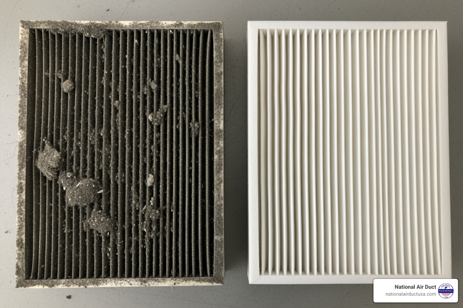 a dirty air filter next to a clean air filter - Air duct cleaning cost