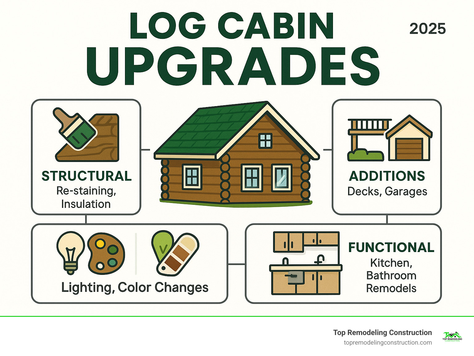 Infographic showing the four main categories of log cabin upgrades: Structural improvements including re-staining and insulation, Space additions like decks and garages, Aesthetic updates such as lighting and color changes, and Functional modernizations including kitchen and bathroom remodels - Log cabin upgrades infographic Infographic showing the four main categories of log cabin upgrades: Structural improvements including re-staining and insulation, Space additions like decks and garages, Aesthetic updates such as lighting and color changes, and Functional modernizations including kitchen and bathroom remodels - Log cabin upgrades infographic
