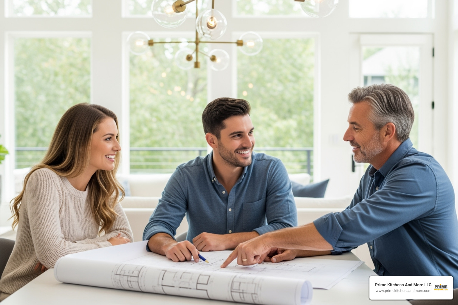 couple happily reviewing blueprints with a contractor - best home remodeling orlando fl