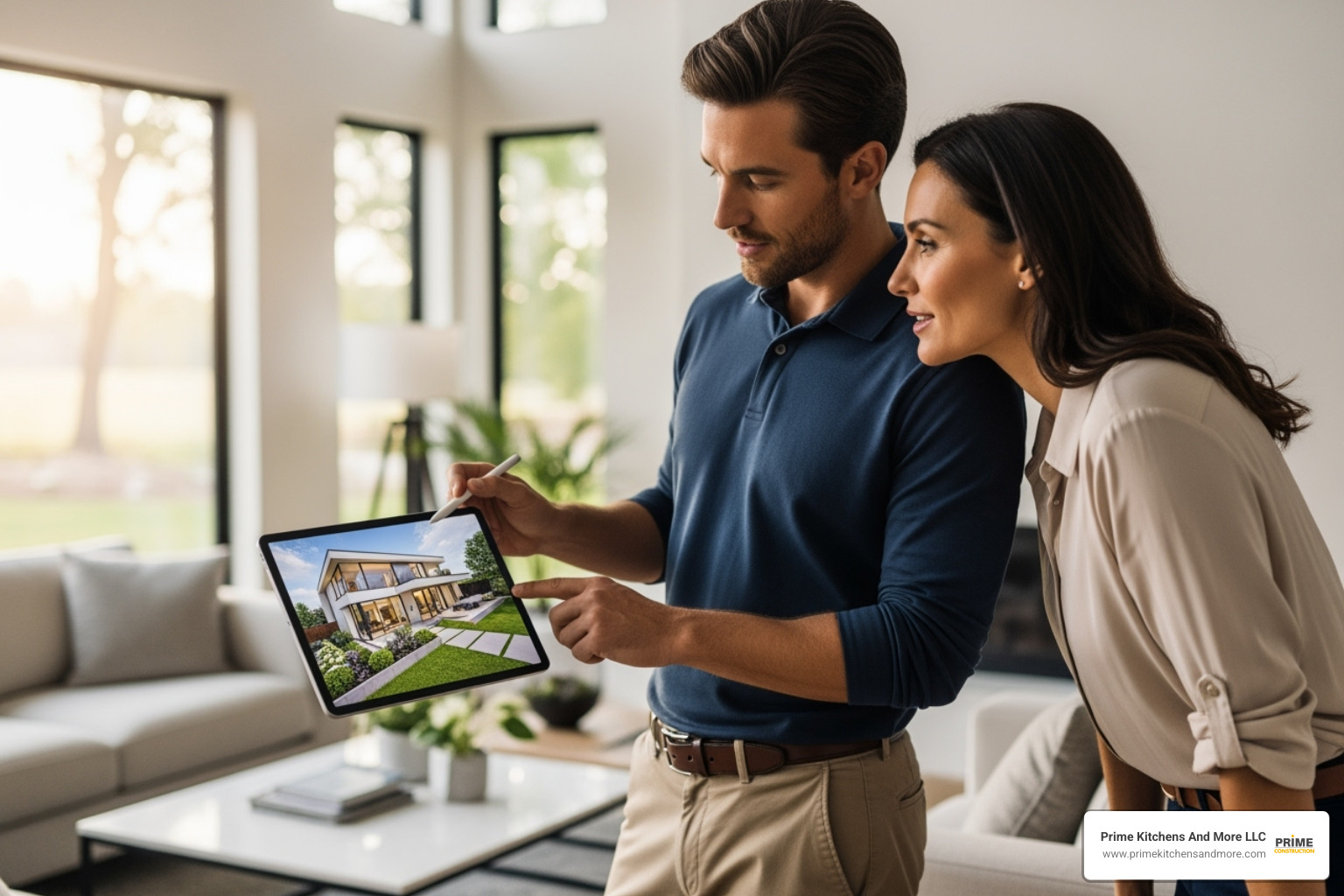 contractor showing a client a 3D design on a tablet - best home remodeling orlando fl