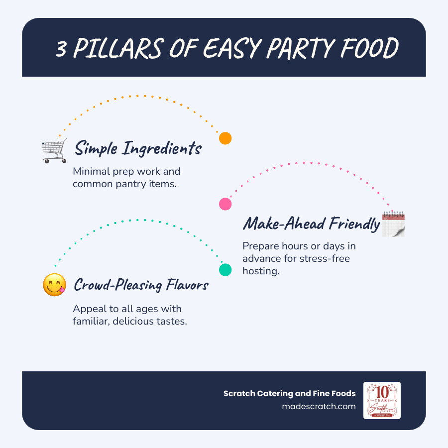 Infographic showing the 3 pillars of successful easy party food: Simple Ingredients with minimal prep work and common pantry items, Make-Ahead Friendly allowing preparation hours or days in advance, and Crowd-Pleasing Flavors that appeal to both adults and children with familiar tastes everyone loves - Easy party food infographic infographic-line-3-steps-blues-accent_colors