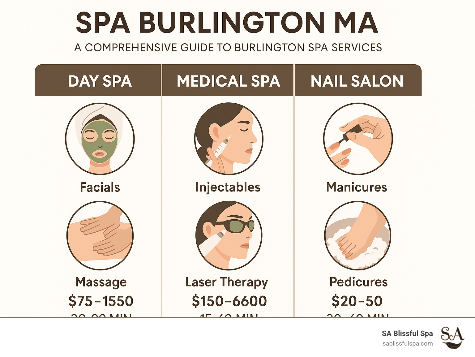 Comprehensive guide showing the differences between Day Spa services like facials and massage, Medical Spa treatments including injectables and laser therapy, and Nail Salon offerings such as manicures and pedicures, with average price ranges and treatment duration for each category - spa burlington ma infographic 
