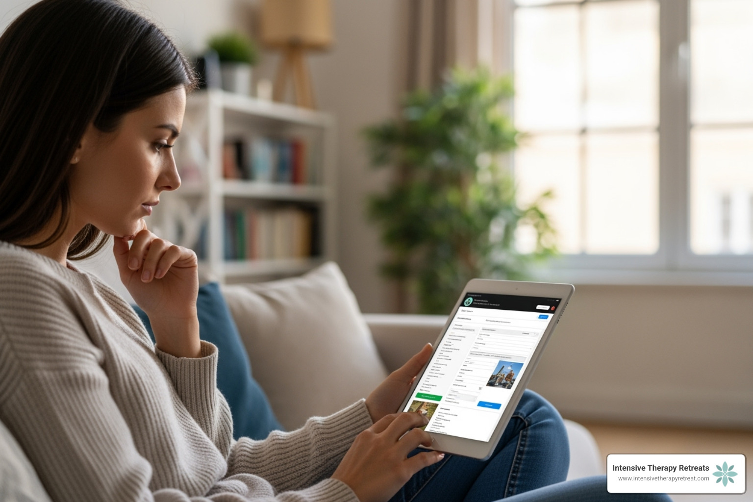 person thoughtfully reviewing a therapist's online profile on a tablet - book trauma therapy sessions online