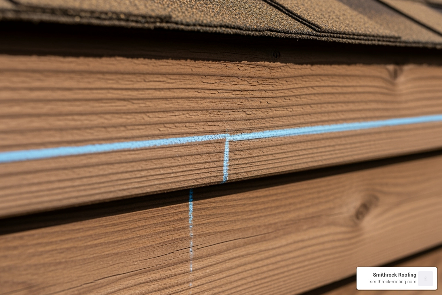 chalk line snapped on a fascia board to show gutter slope - gutter and downspout installation