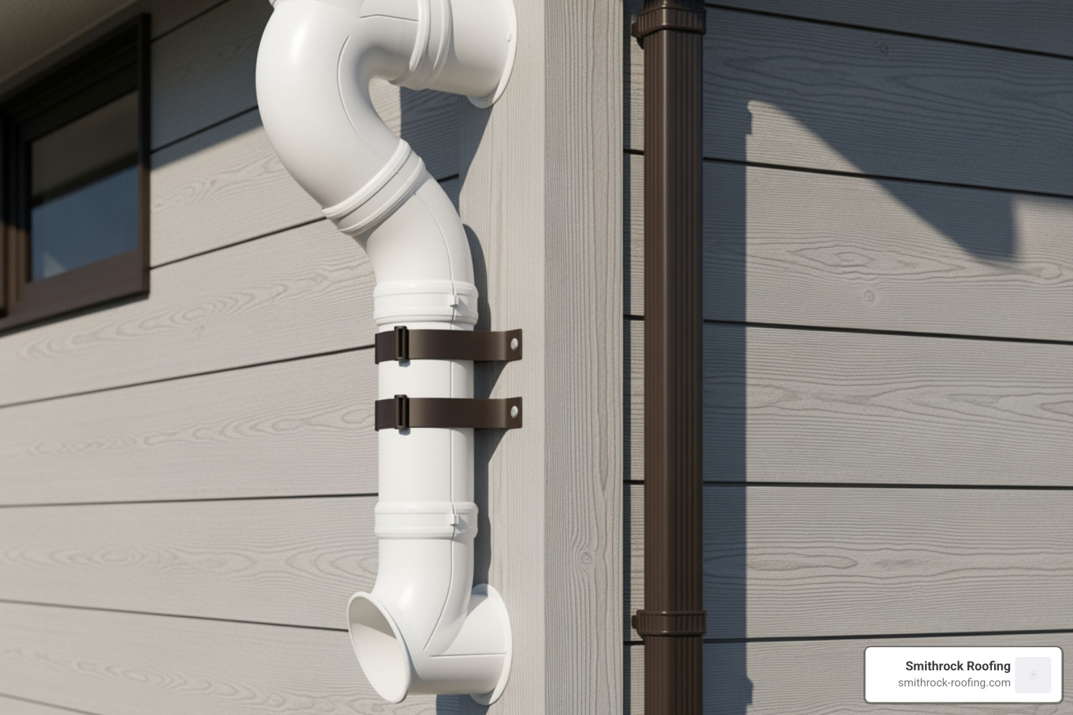 fully assembled downspout with elbows and straps against a wall - gutter and downspout installation