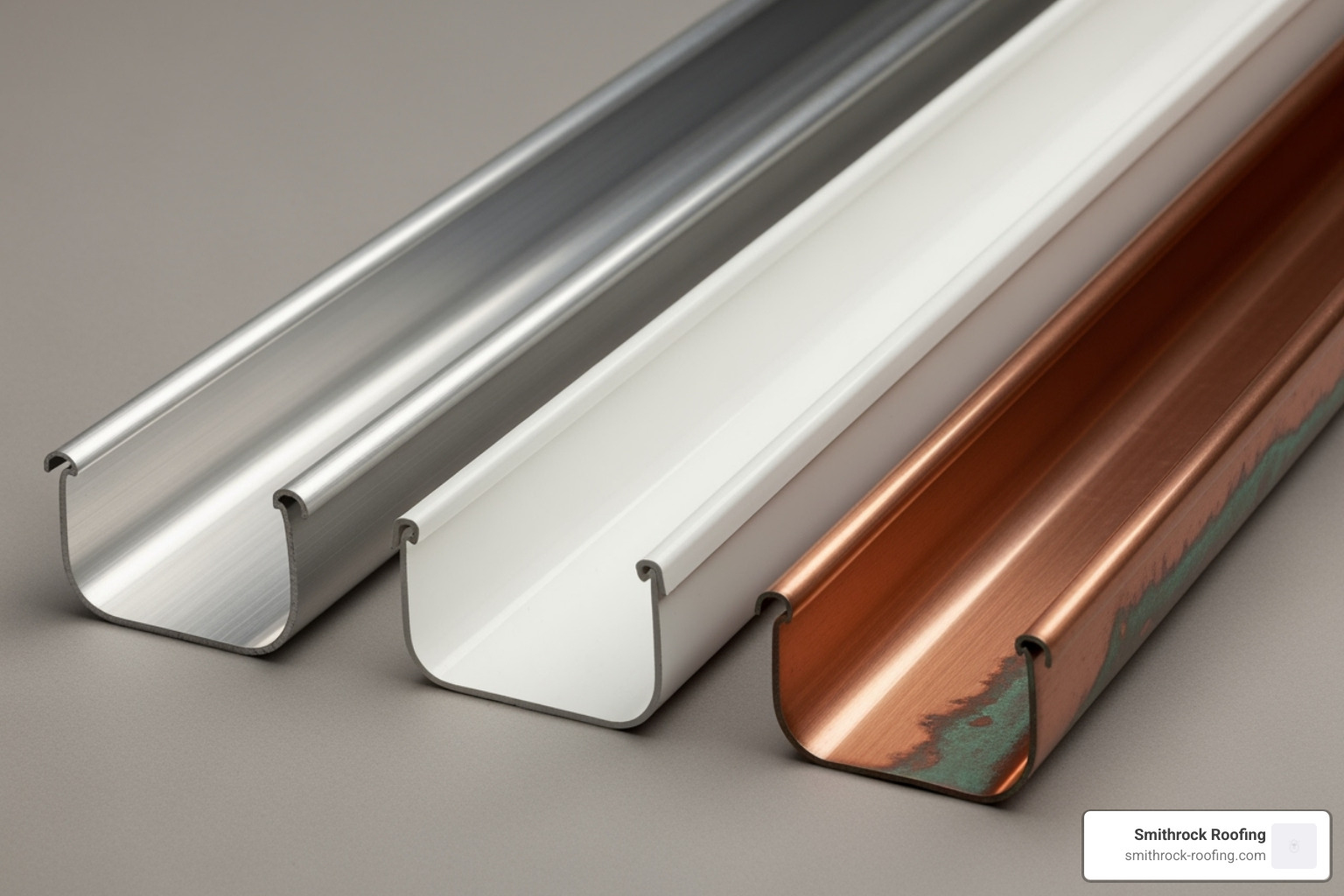 different gutter materials like aluminum, vinyl, and copper side-by-side - gutter and downspout installation