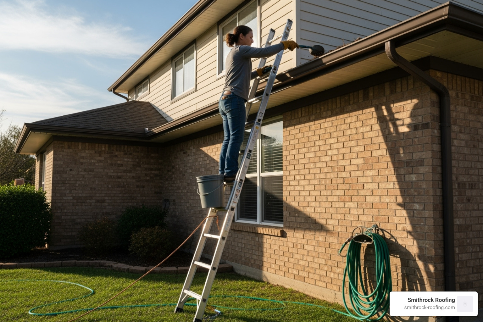 person safely cleaning gutters from a ladder - gutter and downspout installation