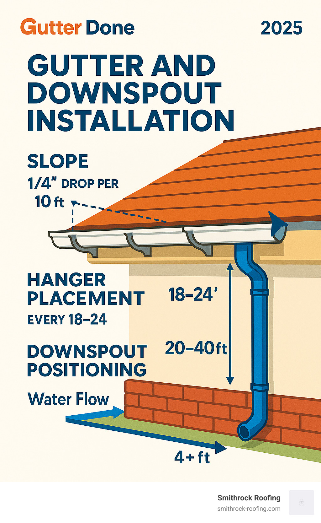 Comprehensive gutter installation process showing proper slope calculation, hanger placement every 18-24 inches, downspout positioning every 20-40 feet, and water flow direction away from foundation with measurements and angles clearly labeled - gutter and downspout installation infographic 