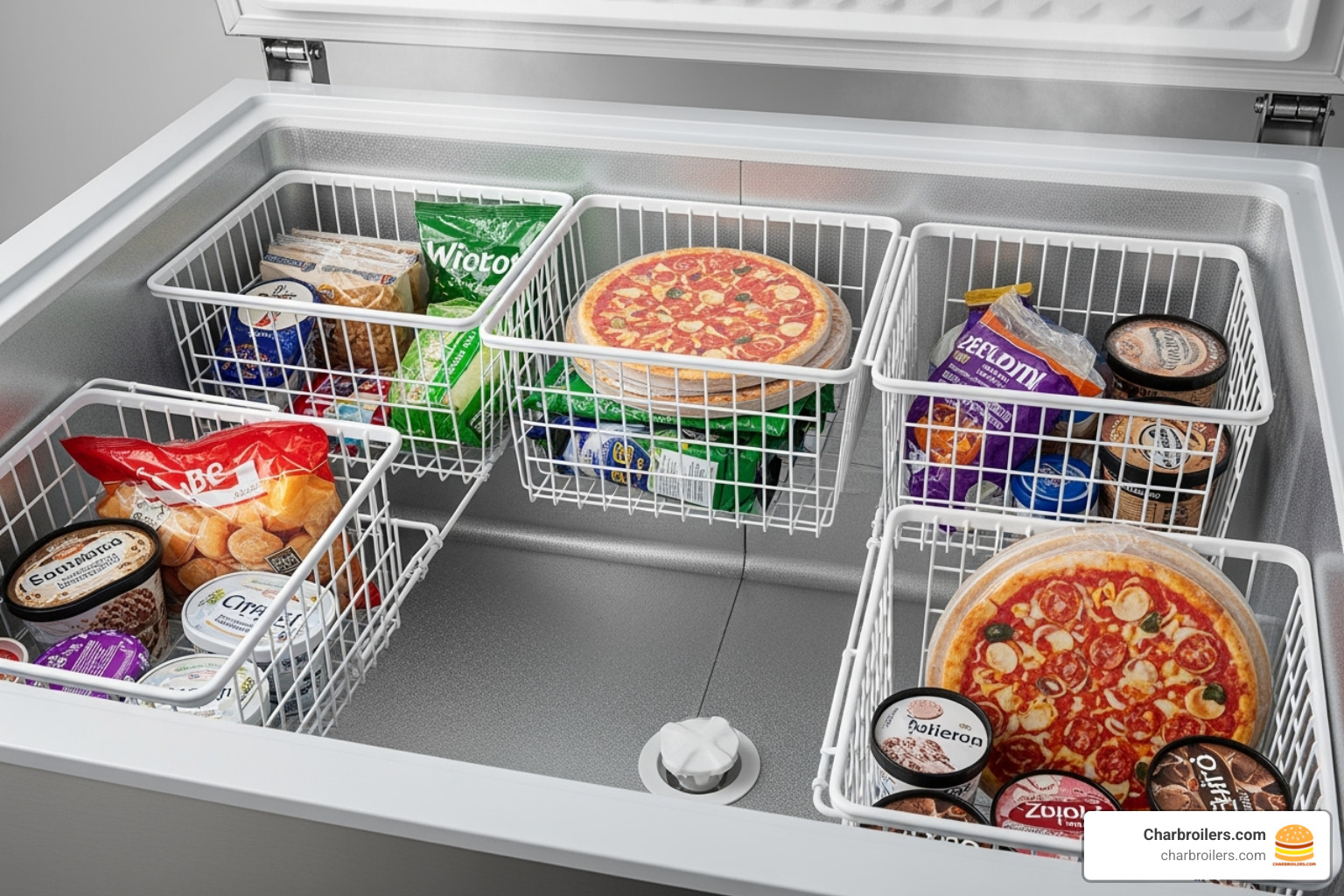 interior of an open chest freezer, showing storage baskets and the drain plug - commercial chest freezer stainless steel
