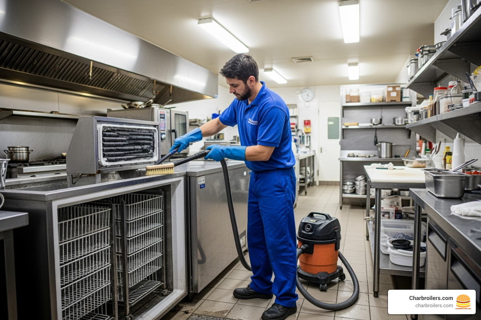 technician cleaning the condenser coils on a commercial freezer - commercial chest freezer stainless steel