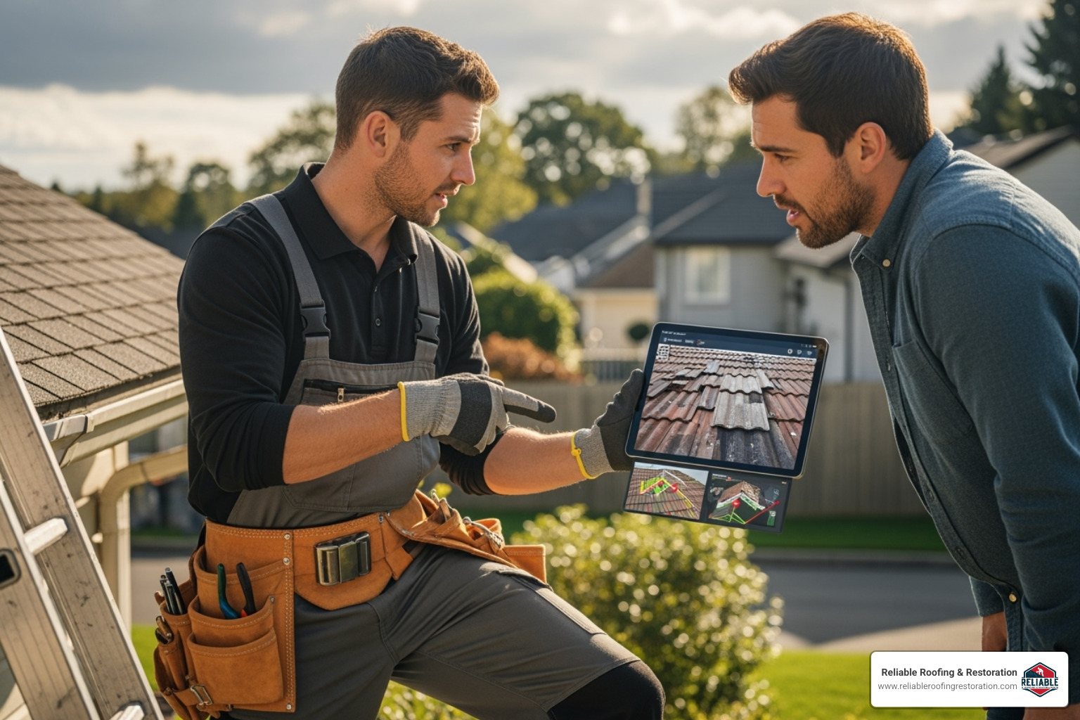 Roofer pointing out damage on a tablet to a homeowner - 24/7 asphalt roof repair Roofer pointing out damage on a tablet to a homeowner - 24/7 asphalt roof repair
