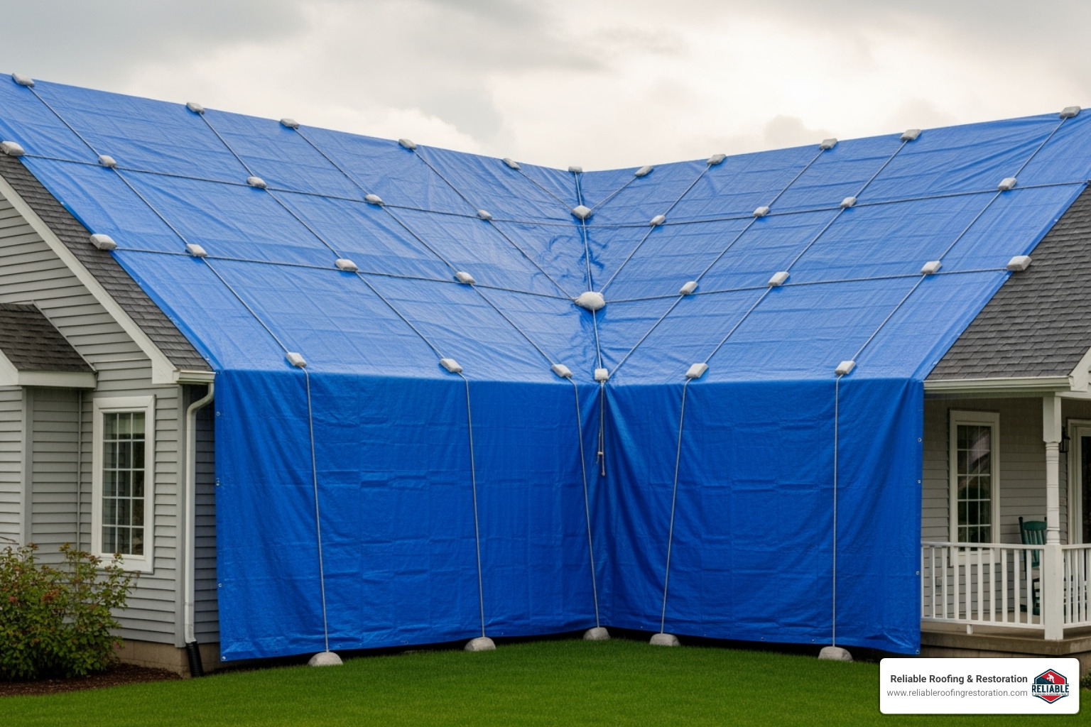 Securely installed emergency roof tarp protecting a home - 24/7 asphalt roof repair Securely installed emergency roof tarp protecting a home - 24/7 asphalt roof repair