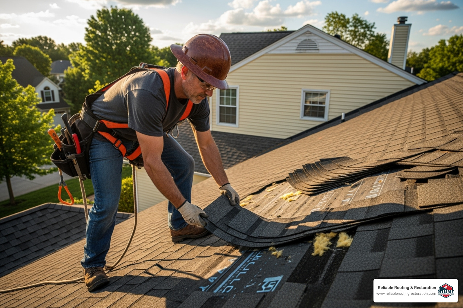 Professional roofer inspecting damaged roof with proper gear - 24/7 asphalt roof repair Professional roofer inspecting damaged roof with proper gear - 24/7 asphalt roof repair