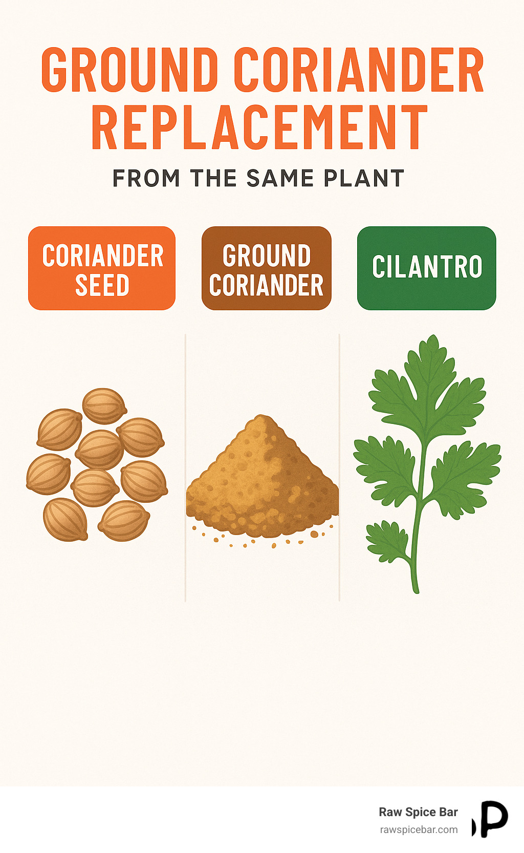 Infographic explaining the difference between coriander seed, ground coriander, and fresh cilantro leaves from the same plant. - ground coriander replacement infographic 