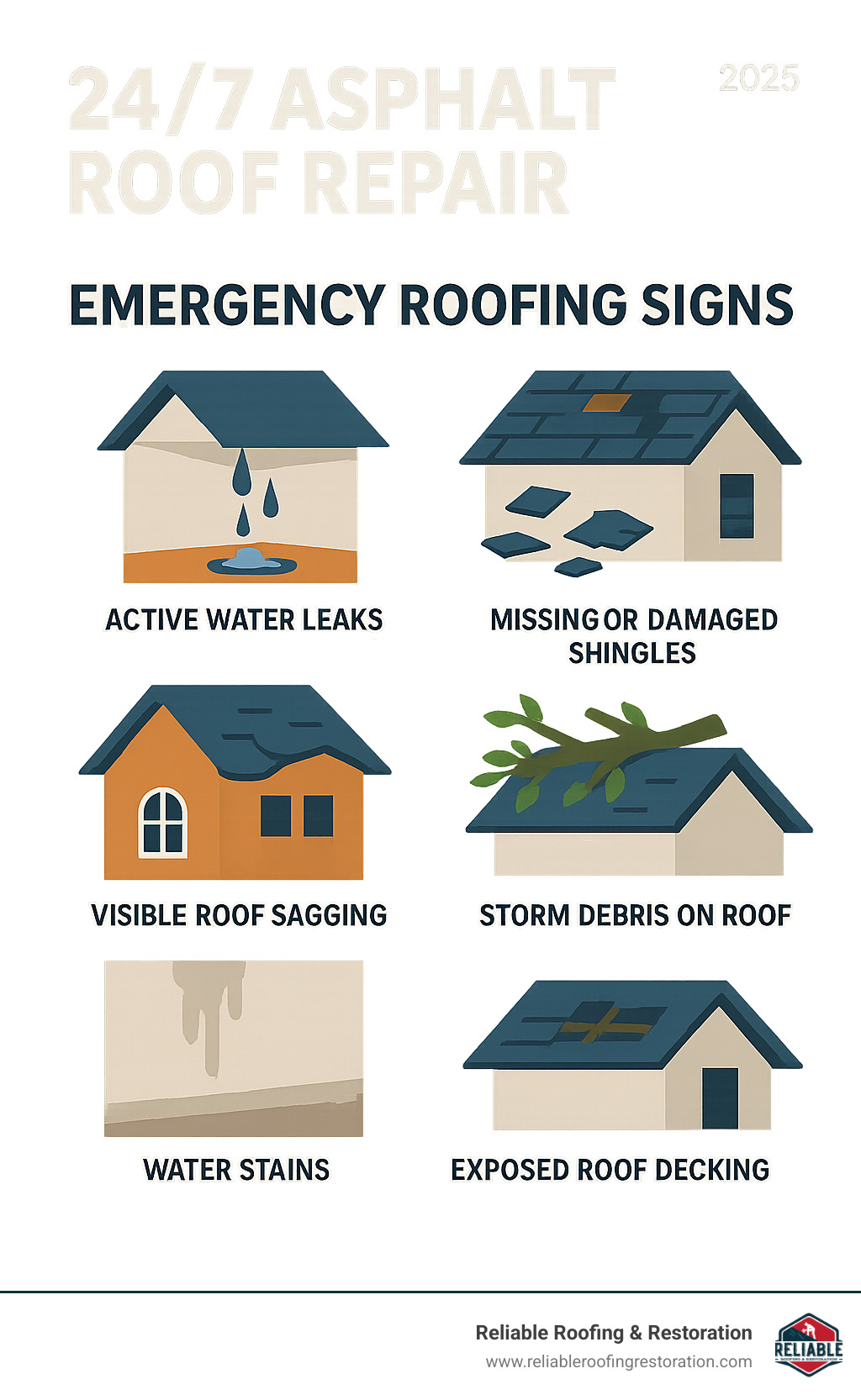 Infographic showing emergency roofing signs including active water leaks dripping from ceiling, missing or damaged asphalt shingles scattered in yard, visible roof sagging or structural damage, storm debris like tree branches on roof, water stains spreading on interior walls and ceilings, and exposed roof decking or underlayment - 24/7 asphalt roof repair infographic Infographic showing emergency roofing signs including active water leaks dripping from ceiling, missing or damaged asphalt shingles scattered in yard, visible roof sagging or structural damage, storm debris like tree branches on roof, water stains spreading on interior walls and ceilings, and exposed roof decking or underlayment - 24/7 asphalt roof repair infographic