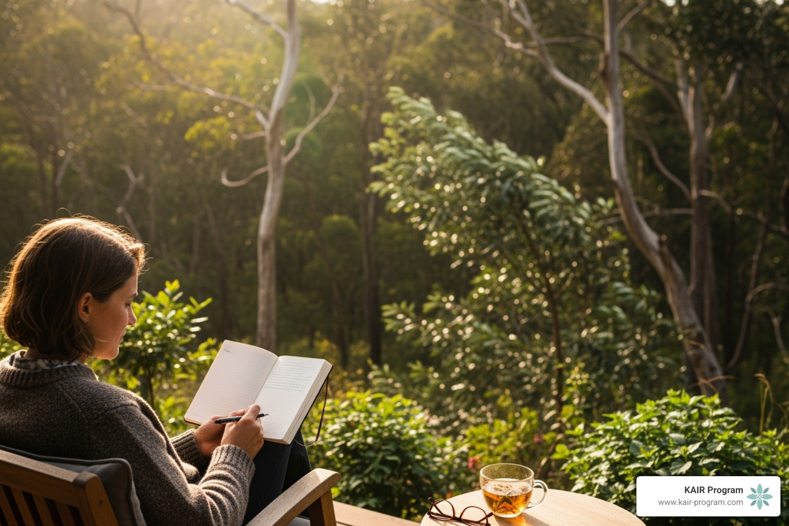 person journaling peacefully in a nature-filled retreat setting - intensive therapy sessions
