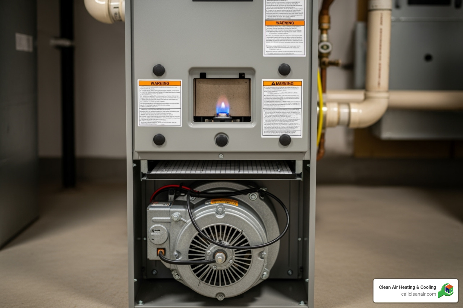 a furnace with labels pointing to the pilot light, blower motor, and filter area - furnace repair anacortes wa