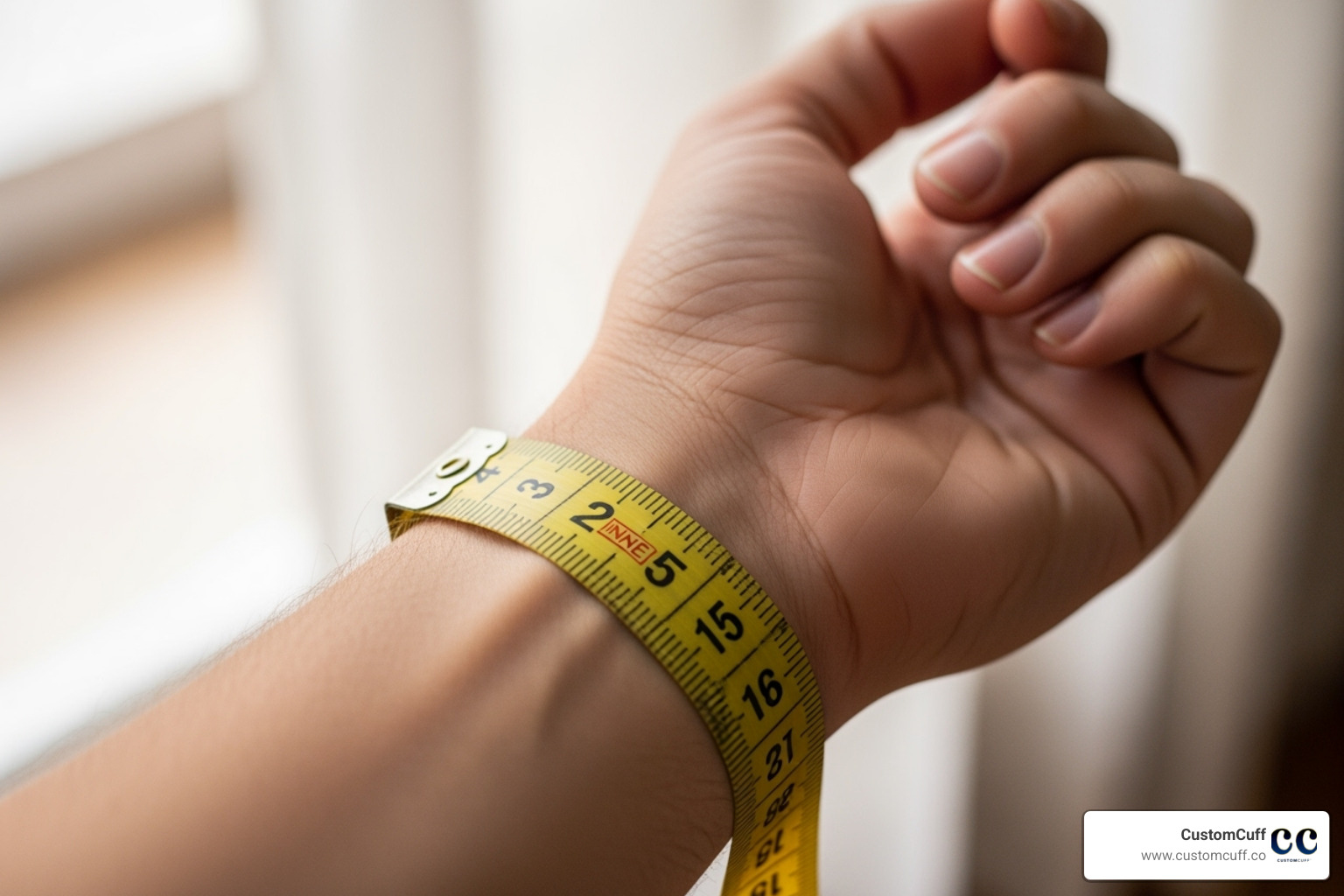 Image showing how to measure a wrist for a bracelet using a tape measure - engraved silver bracelet for him Image showing how to measure a wrist for a bracelet using a tape measure - engraved silver bracelet for him