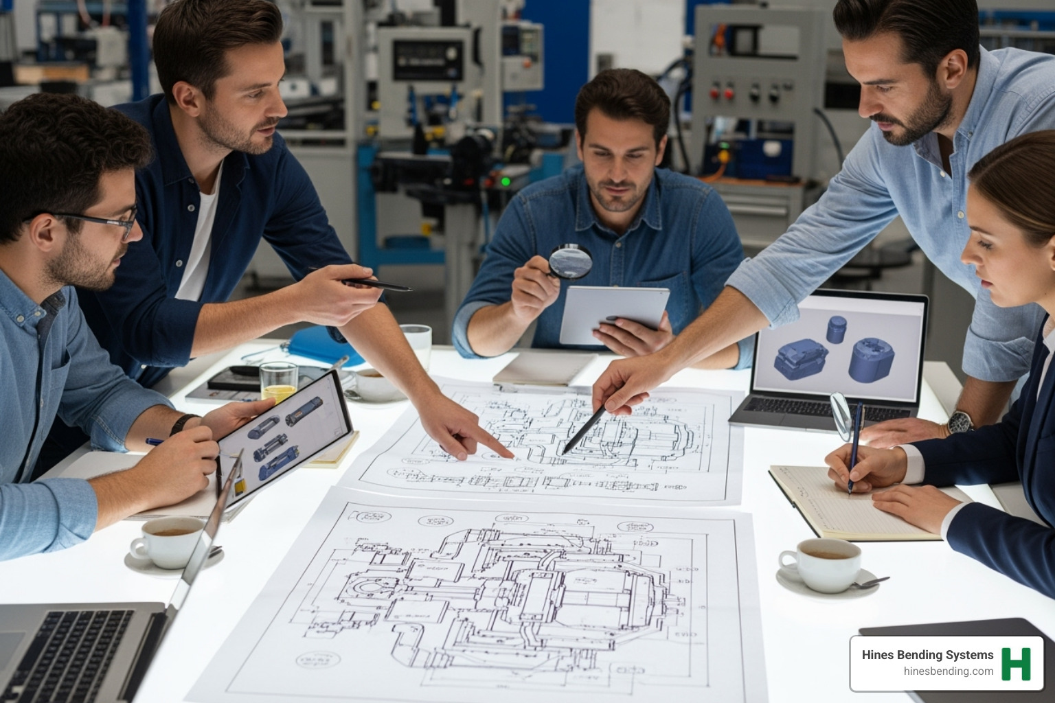 team of engineers collaborating over a bending machine schematic - cnc tube bending and notching