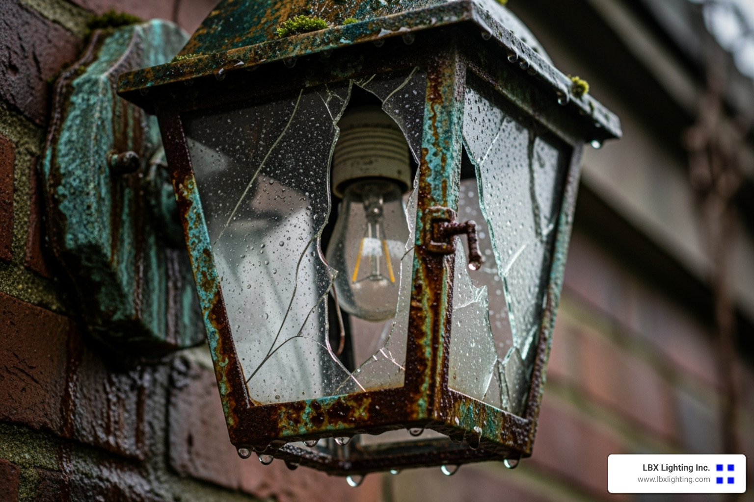 corroded or water-damaged outdoor light fixture - landscape lighting repair houston