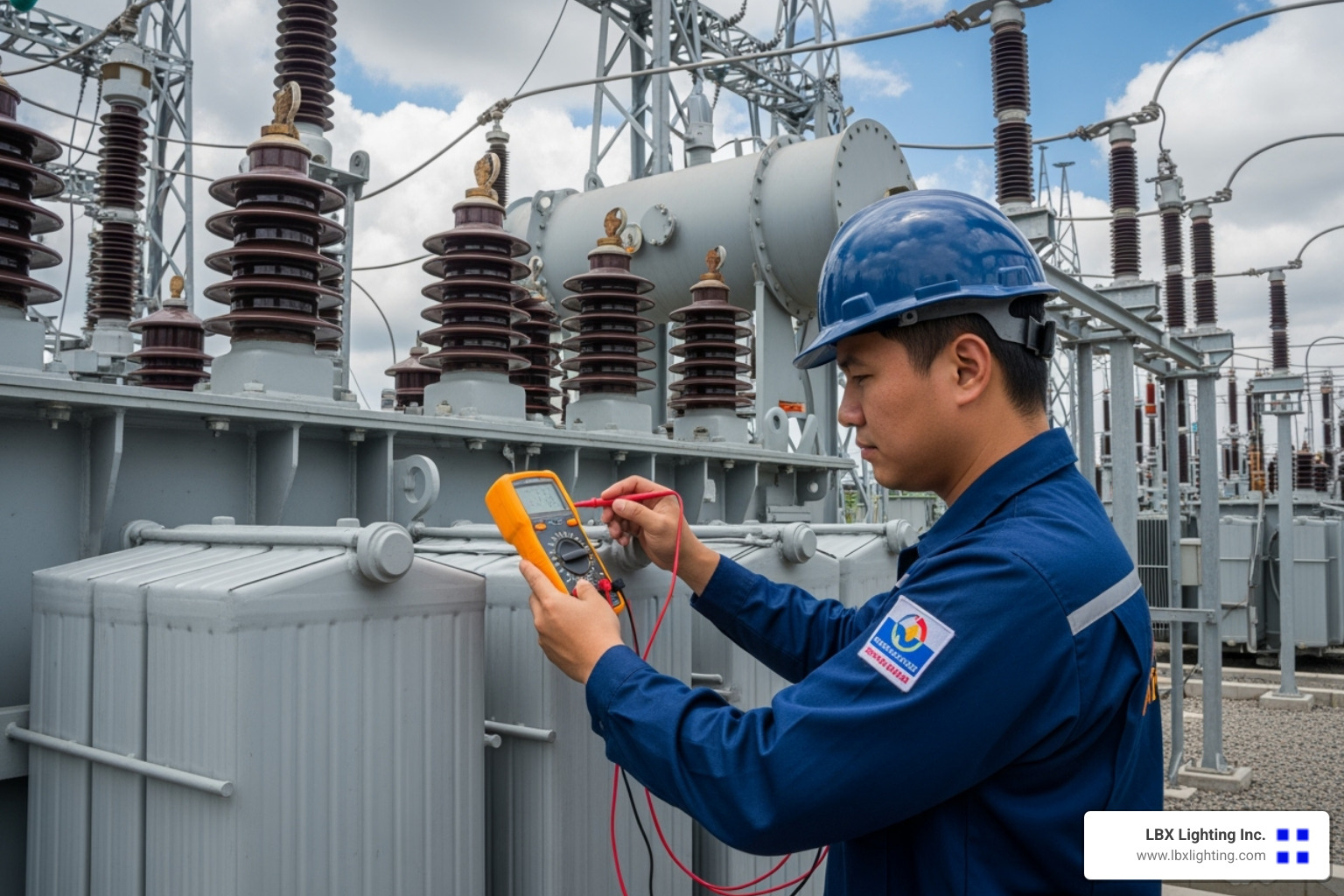 uniformed technician testing a transformer with a multimeter - landscape lighting repair houston