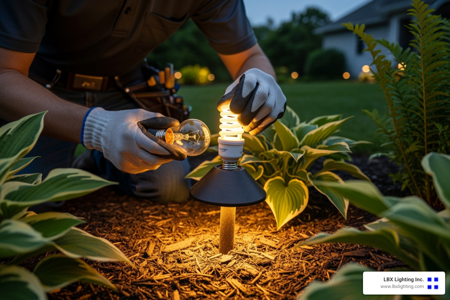 technician replacing an old, inefficient bulb with a modern LED one - landscape lighting repair houston