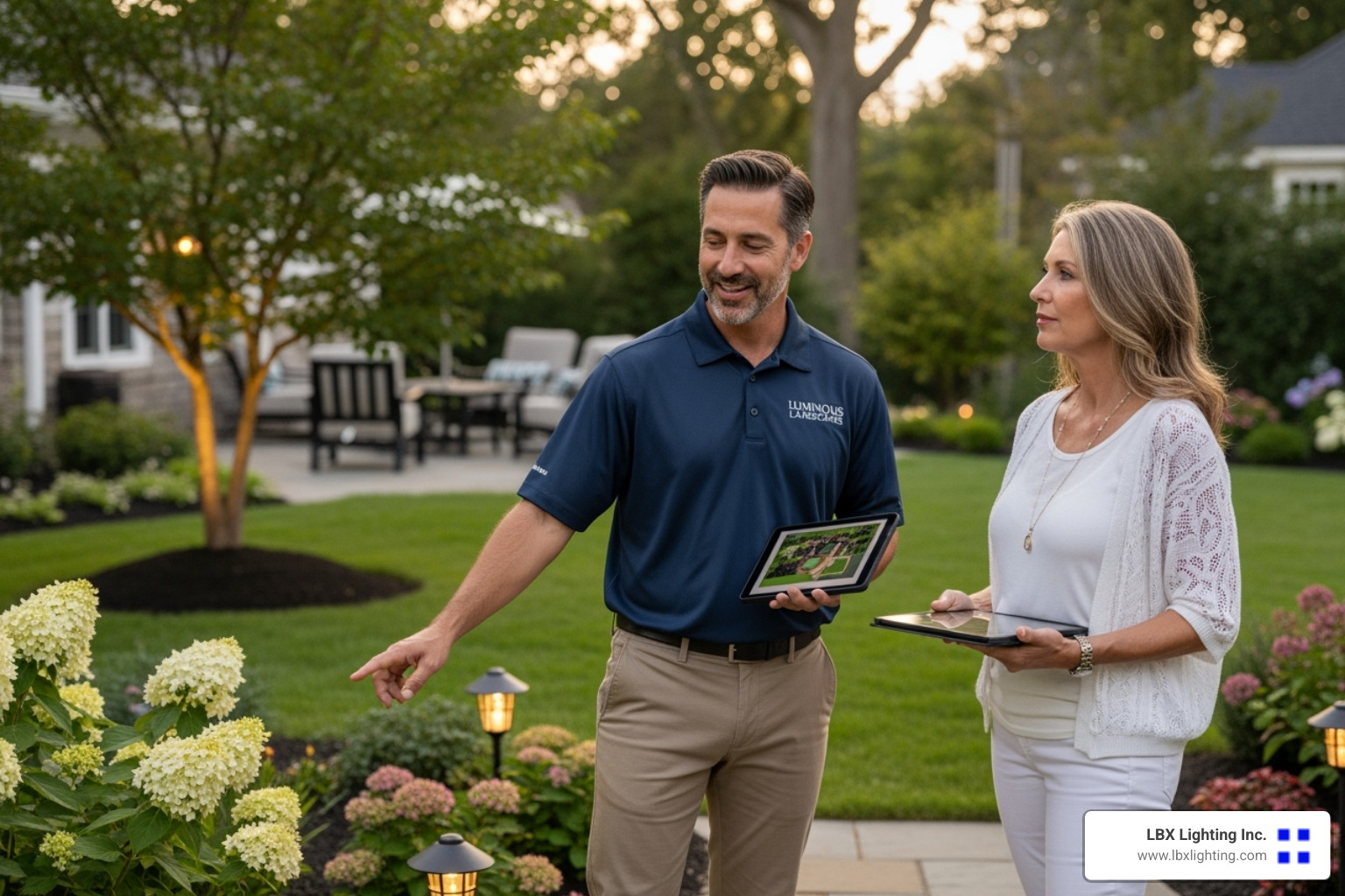 friendly, professional lighting expert consulting with a homeowner in their yard - landscape lighting repair houston
