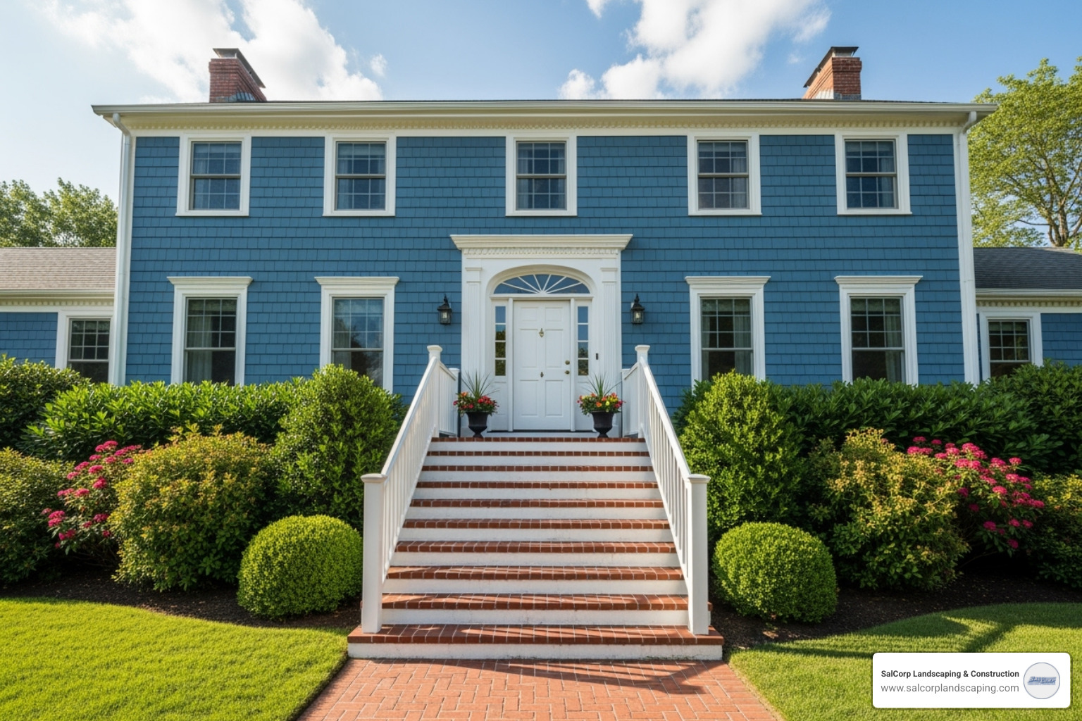 classic red brick stairs with white risers on a blue Colonial-style house - brick entry stairs