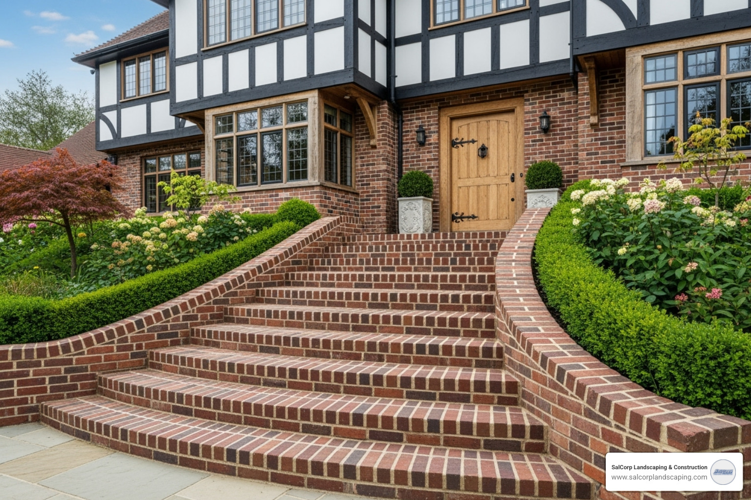 wide, earth-toned brick stairs leading to a modern Tudor home - brick entry stairs