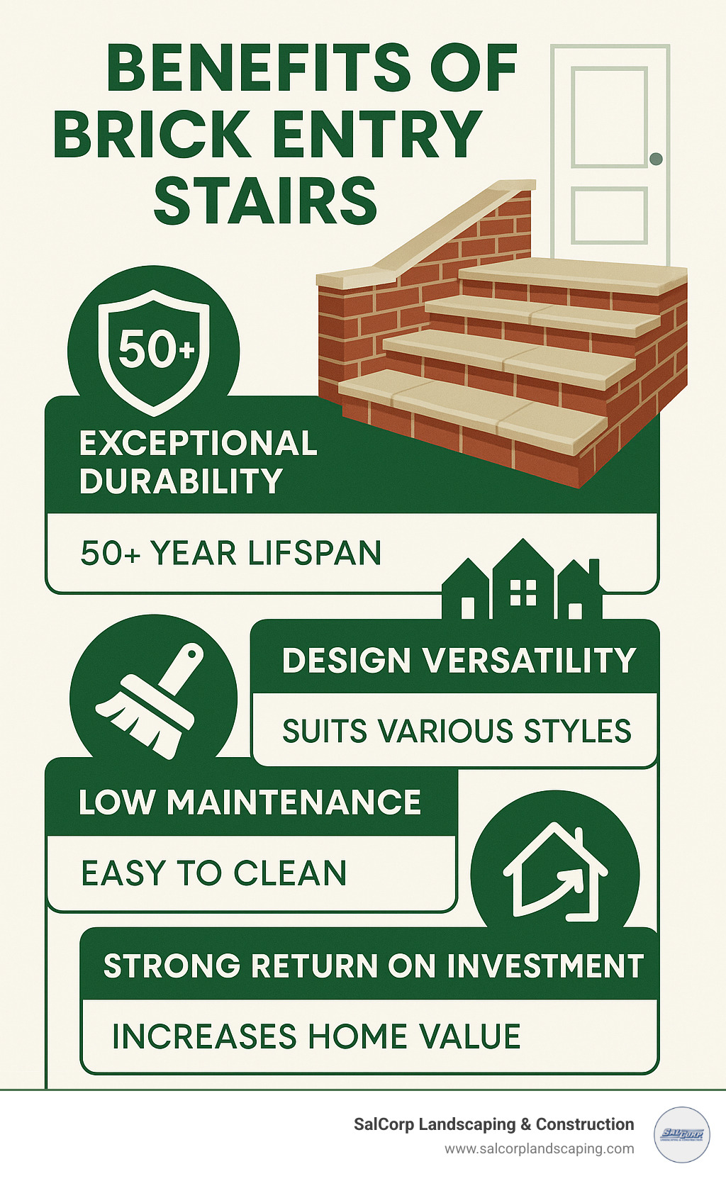 Benefits of brick entry stairs infographic showing four key advantages: exceptional durability with 50+ year lifespan, design versatility across architectural styles, low maintenance requirements with simple cleaning and occasional sealing, and strong return on investment for increased home value - brick entry stairs infographic 