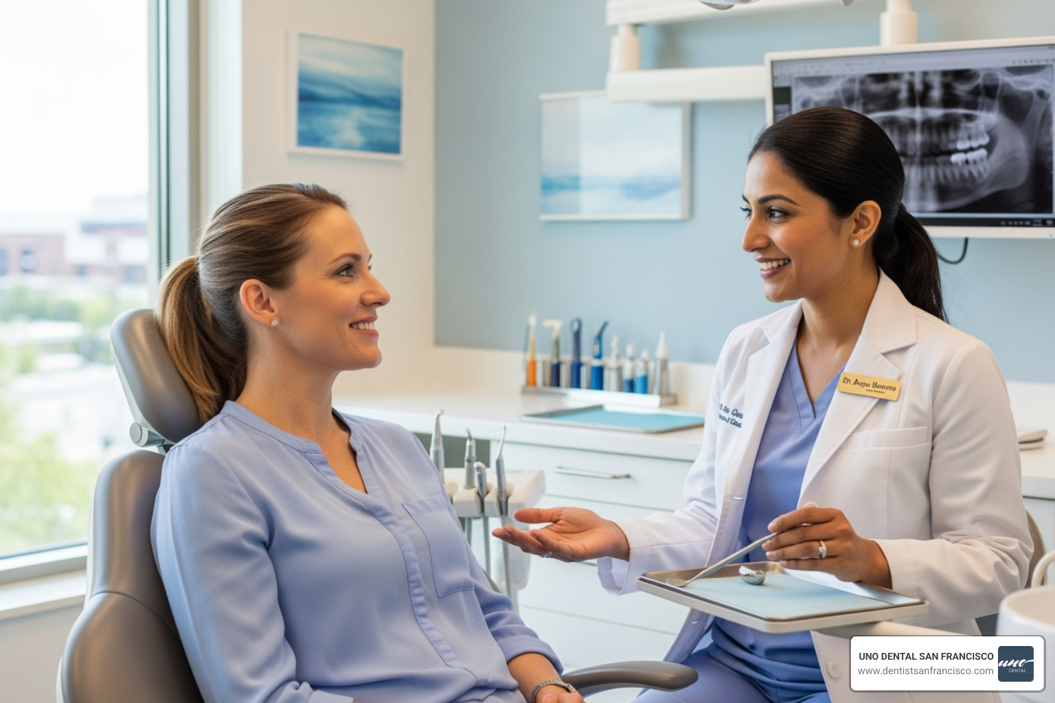 A calm patient talking comfortably with a compassionate dentist, illustrating a positive dental experience - advanced dental care san francisco