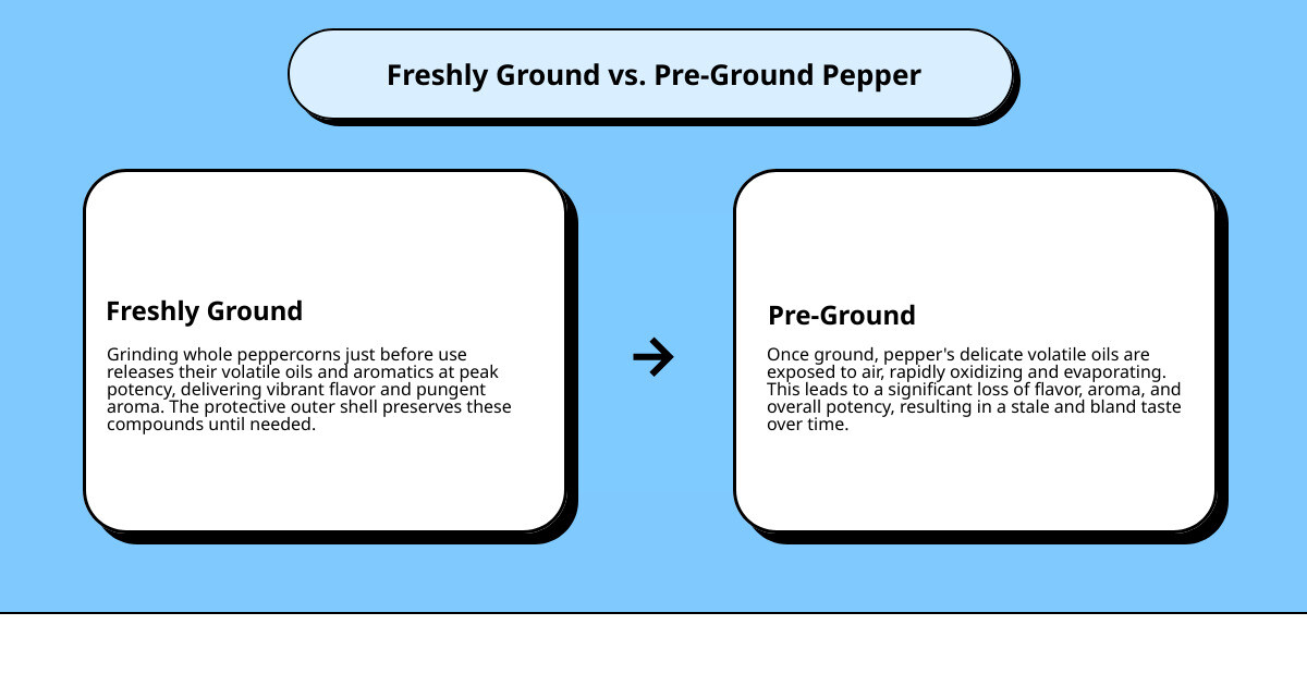Infographic showing freshly ground pepper releasing volatile oils and aromatics compared to pre-ground pepper losing potency over time, with visual comparison of flavor intensity and aroma preservation - is a pepper mill the same as a pepper grinder infographic cause_effect_text